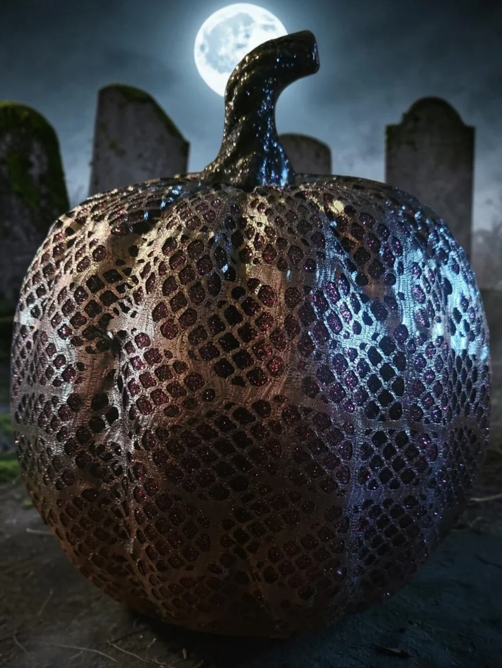 Halloween Decorative Textured Pumpkin - Metallic Black  Deep Purple Accents